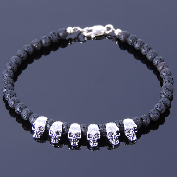 Men's Women Lava Rock Sterling Silver Skull Bracelet 925 Celtic Skull Clasp DiyNotion Handmade BR350