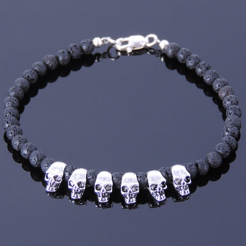 Men's Women Lava Rock Sterling Silver Skull Bracelet 925 Celtic Skull Clasp DiyNotion Handmade BR350