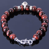 Men's Women Red Tiger Eye Sterling Silver Skull Bracelet 925 Clasp Gemstone DiyNotion Handmade BR352