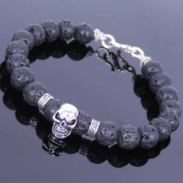 Men's Women Lava Rock Sterling Silver Skull Bracelet 925 Spacers Clasp DiyNotion Handmade BR353