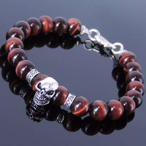 Men's Women Red Tiger Eye Sterling Silver Skull Bracelet 925 Clasp Gemstone DiyNotion Handmade BR352