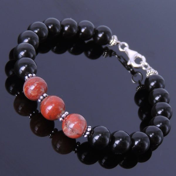 Handmade Men Women Gemstone Bracelet Black Obsidian Red Jasper Stone 925 Sterling Silver Spacer Clasp DiyNotion BR118