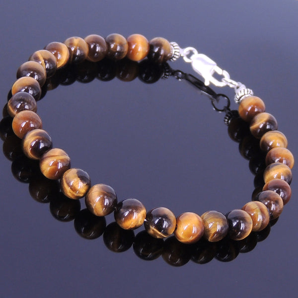 Handmade Men Women Gemstone Bracelet Brown Tiger Eye 925 Sterling Silver Spacers Clasp DiyNotion BR356