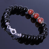 Handmade Men Women Gemstone Bracelet Black Obsidian Red Jasper Stone 925 Sterling Silver Spacer Clasp DiyNotion BR118