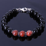 Handmade Men Women Gemstone Bracelet Black Obsidian Red Jasper Stone 925 Sterling Silver Spacer Clasp DiyNotion BR118