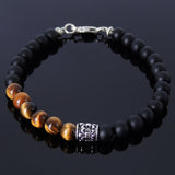 Men's Women Matte Black Onyx Tiger Eye Bracelet Sterling Silver Fleur de Lis Bead 925 Handmade DiyNotion BR190