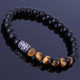 Men's Women Matte Black Onyx Tiger Eye 925 Sterling Silver Bracelet Fleur de Lis DiyNotion Handmade BR190E