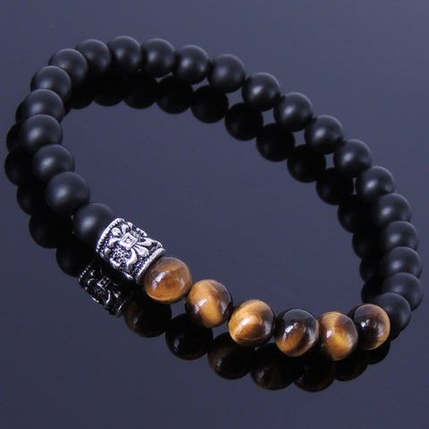 Men's Women Matte Black Onyx Tiger Eye 925 Sterling Silver Bracelet Fleur de Lis DiyNotion Handmade BR190E