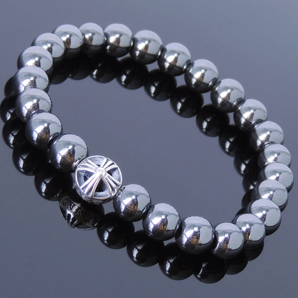 Men/Women Gemstone Bracelet Hematite 925 Sterling Silver Cross Bead DiyNotion BR364