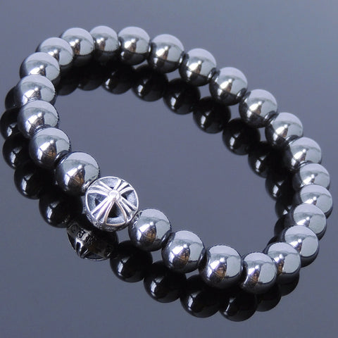 Men/Women Gemstone Bracelet Hematite 925 Sterling Silver Cross Bead DiyNotion BR364