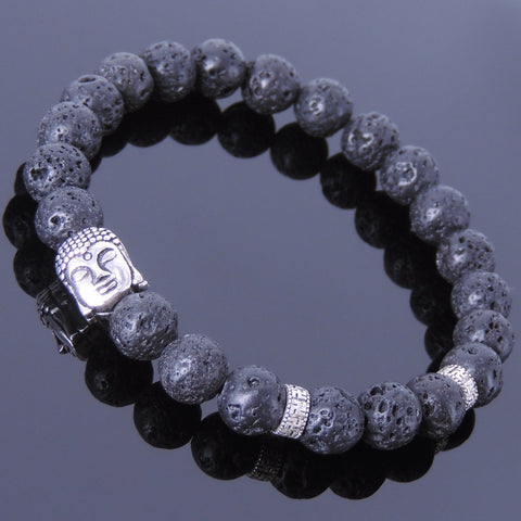 Men's Women Lava Rock Sterling Silver Bracelet 925 Buddha Buddhism Mantra Spacer DiyNotion Handmade BR365