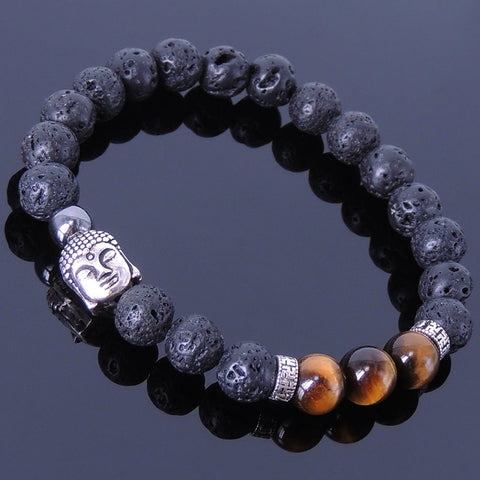 Men Women Gemstone Bracelet Tiger Eye Lava Rock 925 Sterling Silver Buddha Buddhism Mantra Spacer DiyNotion BR366