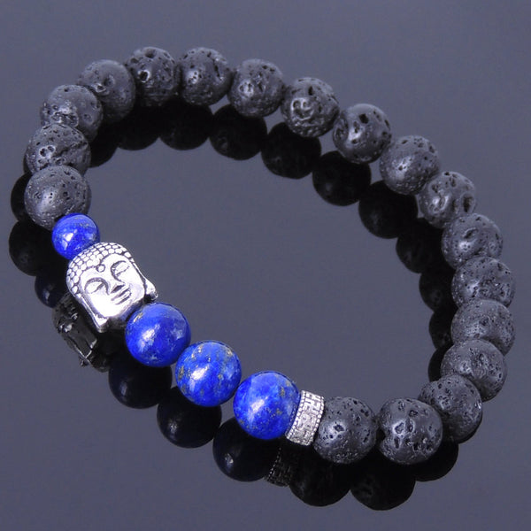 Men Women Gemstone Bracelet Lapis Lava Rock 925 Sterling Silver Buddha Buddhism Mantra Spacer DiyNotion BR367