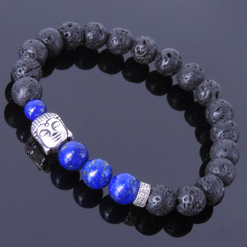 Men Women Gemstone Bracelet Lapis Lava Rock 925 Sterling Silver Buddha Buddhism Mantra Spacer DiyNotion BR367