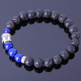 Men Women Gemstone Bracelet Lapis Lava Rock 925 Sterling Silver Buddha Buddhism Mantra Spacer DiyNotion BR367