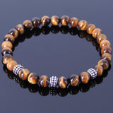 Men/Women Gemstone Elastic Bracelet Brown Tiger Eye 925 Sterling Silver Spacers DiyNotion BR368E
