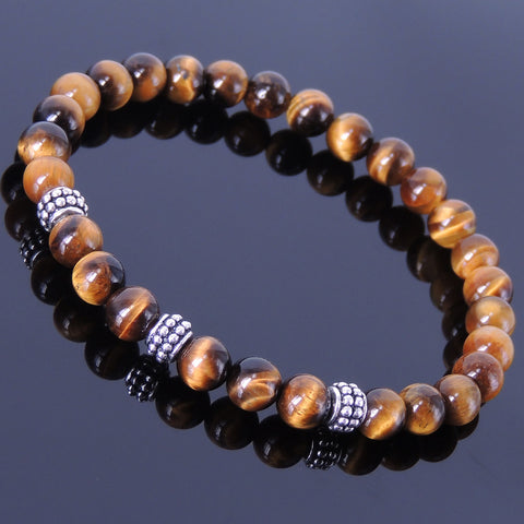 Men/Women Gemstone Elastic Bracelet Brown Tiger Eye 925 Sterling Silver Spacers DiyNotion BR368E