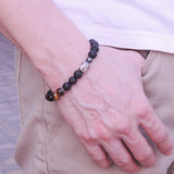 Men Women Gemstone Bracelet Tiger Eye Lava Rock 925 Sterling Silver Buddha Buddhism Mantra Spacer DiyNotion BR366