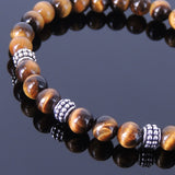 Men/Women Gemstone Elastic Bracelet Brown Tiger Eye 925 Sterling Silver Spacers DiyNotion BR368E