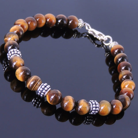 Handmade Men Women Gemstone Bracelet Brown Tiger Eye 925 Sterling Silver Spacers Clasp DiyNotion BR368