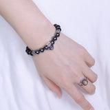 Men's Women Black Obsidian Hematite Sterling Silver Skull Bracelet 925 Cross Spacer DiyNotion Handmade BR138