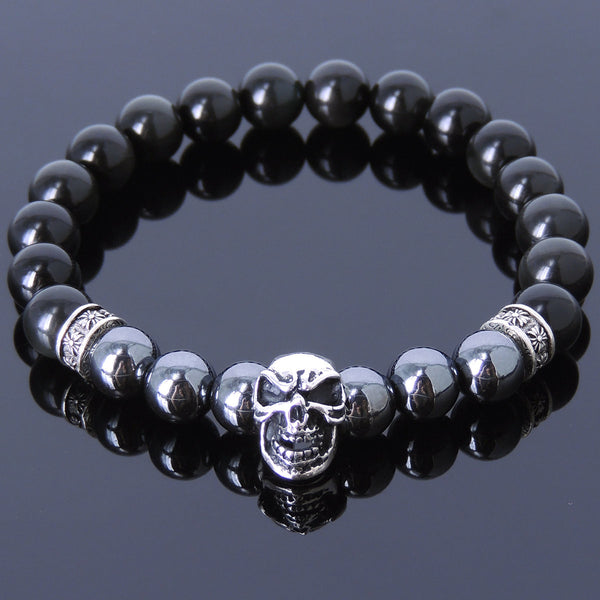 Men's Women Black Obsidian Hematite Sterling Silver Skull Bracelet 925 Cross Spacer DiyNotion Handmade BR138