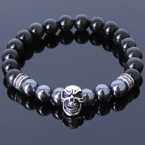 Men's Women Black Obsidian Hematite Sterling Silver Skull Bracelet 925 Cross Spacer DiyNotion Handmade BR138