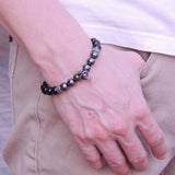 Men's Women Black Obsidian Hematite Sterling Silver Skull Bracelet 925 Cross Spacer DiyNotion Handmade BR138