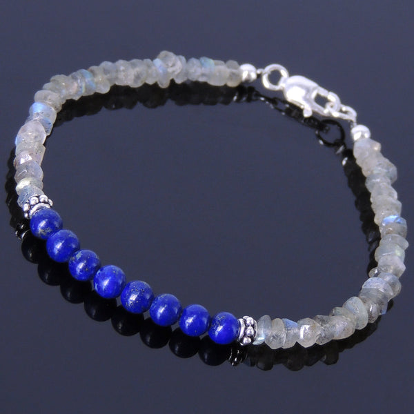 Handmade Gemstone Bracelet Faceted Labradorite Lapis Lazuli 925 Sterling Silver Spacer DiyNotion BR260