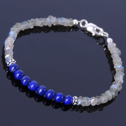 Handmade Gemstone Bracelet Faceted Labradorite Lapis Lazuli 925 Sterling Silver Spacer DiyNotion BR260