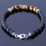Men/Women Gemstone Bracelet Lava Rock Tiger Eye 925 Sterling Silver Spacers Clasp DiyNotion BR369