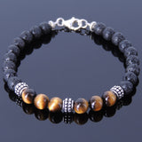 Men/Women Gemstone Bracelet Lava Rock Tiger Eye 925 Sterling Silver Spacers Clasp DiyNotion BR369