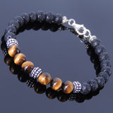 Men/Women Gemstone Bracelet Lava Rock Tiger Eye 925 Sterling Silver Spacers Clasp DiyNotion BR369