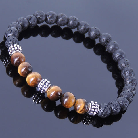 Men/Women Gemstone Bracelet Lava Rock Tiger Eye 925 Sterling Silver Spacers DiyNotion BR369E