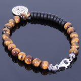 Mens Women Tiger Eye Black Onyx Bracelet Sterling Silver Fleur de Lis 925 Pendant DiyNotion Handmade BR129