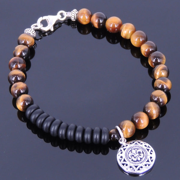 Mens Women Tiger Eye Black Onyx Bracelet Sterling Silver Fleur de Lis 925 Pendant DiyNotion Handmade BR129