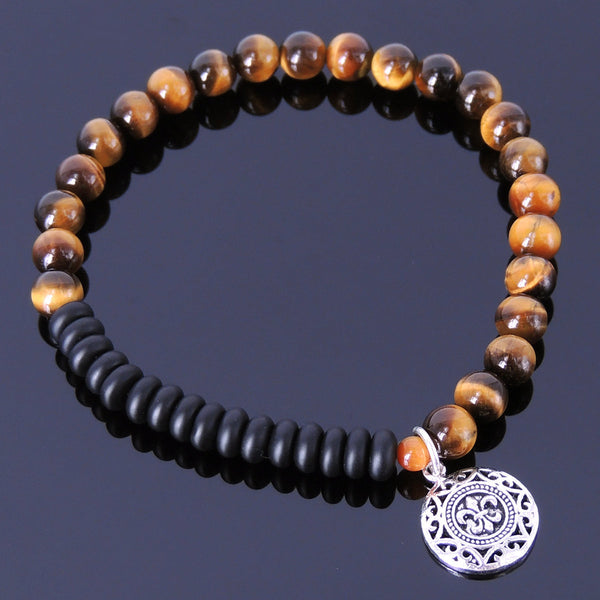 Mens Women Tiger Eye Matte Black Onyx Sterling Silver Bracelet 925 Fleur de Lis Pendant DiyNotion Handmade BR127