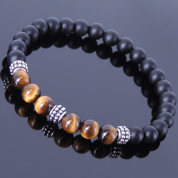 Men's Women Matte Black Onyx Tiger Eye 925 Sterling Silver Bracelet Spacers DiyNotion Handmade BR371