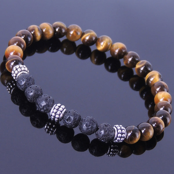 Men/Women Gemstone Bracelet Tiger Eye Lava Rock 925 Sterling Silver Spacers DiyNotion BR370