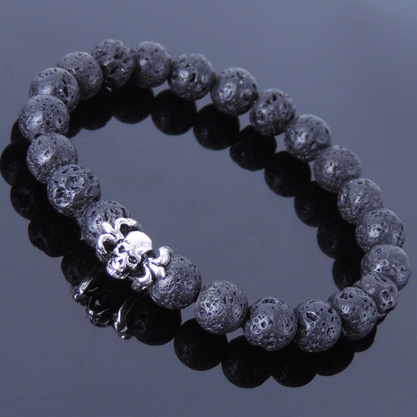 Handmade Men/Women Elastic Bracelet Lava Rock 925 Sterling Silver Skull DiyNotion BR373