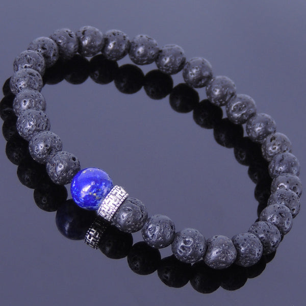 Men/Women Gemstone Bracelet Lava Rock Lapis 925 Sterling Silver Mantra Spacer DiyNotion BR374