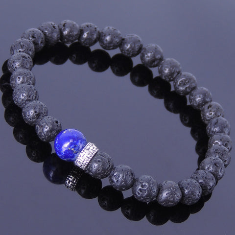 Men/Women Gemstone Bracelet Lava Rock Lapis 925 Sterling Silver Mantra Spacer DiyNotion BR374