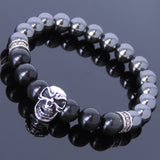 Men's Women Hematite Black Obsidian Sterling Silver Skull Bracelet 925 Cross Spacer DiyNotion Handmade BR139