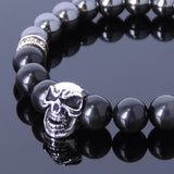 Men's Women Hematite Black Obsidian Sterling Silver Skull Bracelet 925 Cross Spacer DiyNotion Handmade BR139