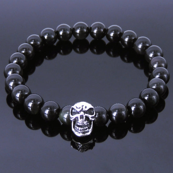 Handmade Men Women Gemstone Black Obsidian 925 Sterling Silver Skull DiyNotion BR174