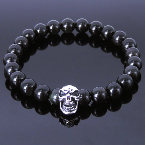 Handmade Men Women Gemstone Black Obsidian 925 Sterling Silver Skull DiyNotion BR174