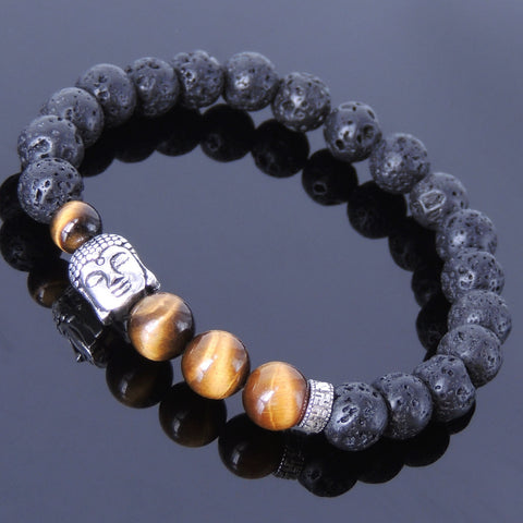 Men's Women Tiger Eye Lava Rock Sterling Silver Bracelet 925 Buddha Mantra Spacer DiyNotion Handmade BR377