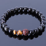 Men Women Black Obsidian Tiger Eye Bracelet Gemstone India Rosewood Lotus DiyNotion BR196