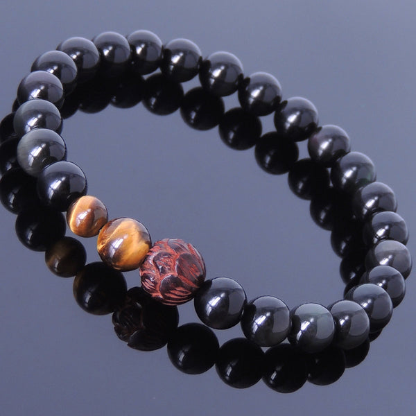 Men Women Black Obsidian Tiger Eye Bracelet Gemstone India Rosewood Lotus DiyNotion BR196