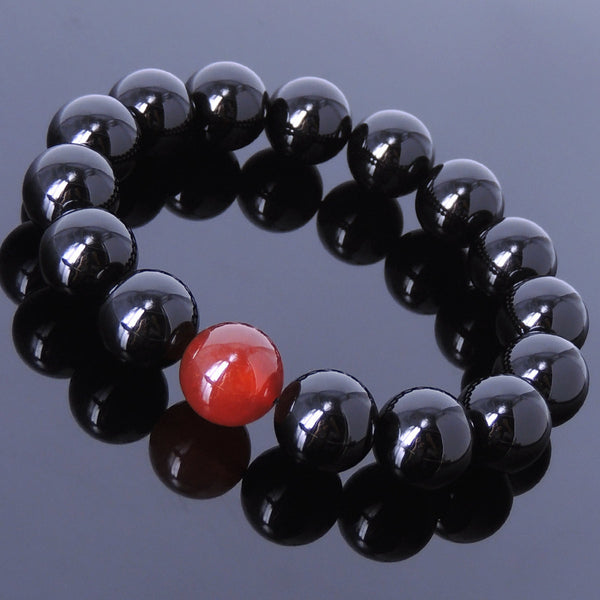 Men's Gemstone Elastic Bracelet 14mm Black Onyx 14mm Red Agate DiyNotion BR078